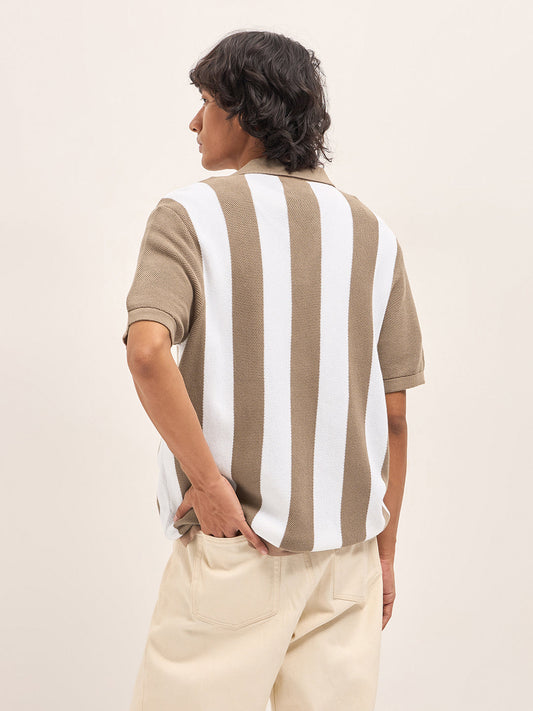Brown and White Bold Vertical Stripe Knit Regular Fit Polo
