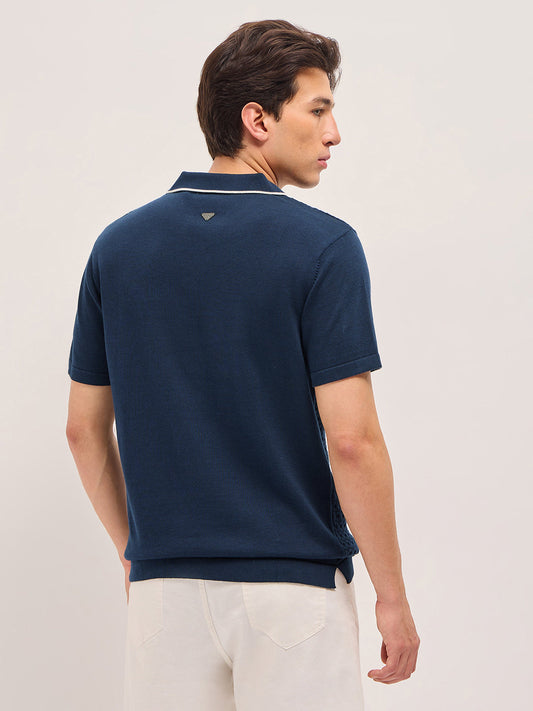 Blue Regular Fit Textured Flat Knit Polo