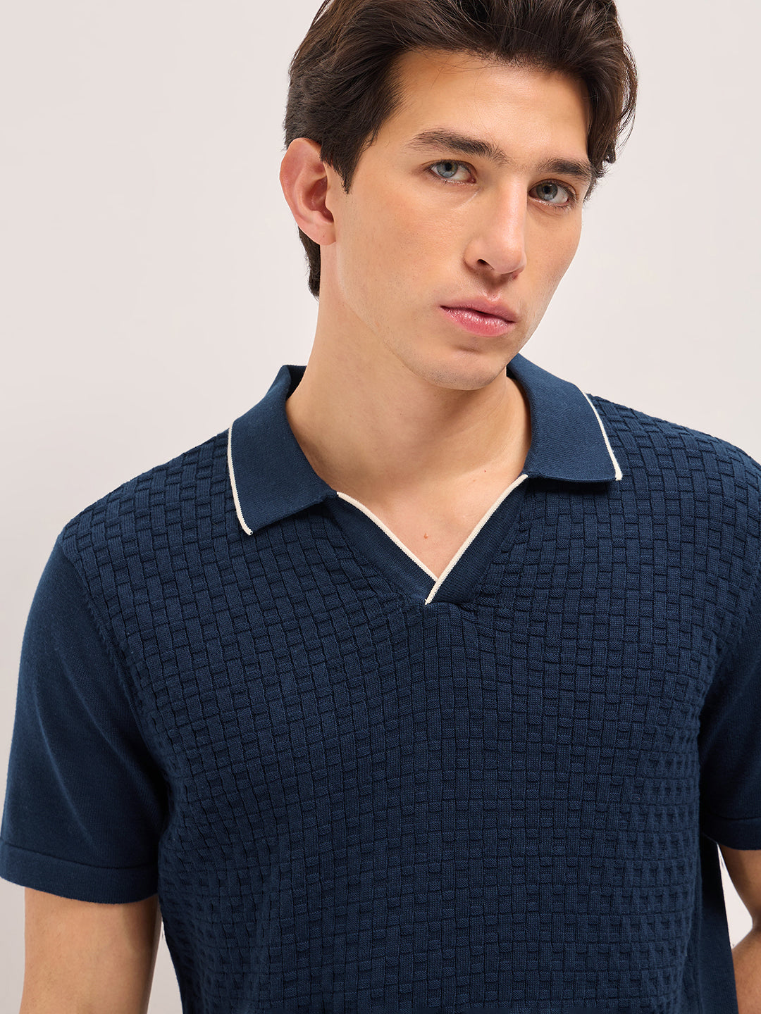 Blue Regular Fit Textured Flat Knit Polo