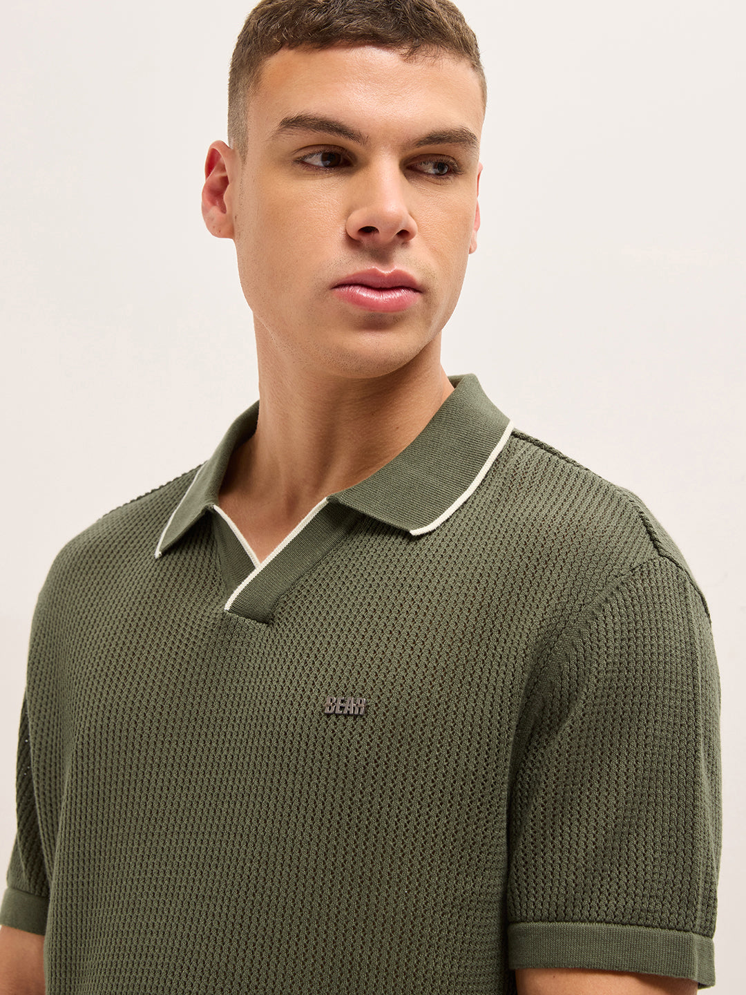 Olive Relaxed Fit Mesh Textured Flat Knit Polo with Transparent Effect