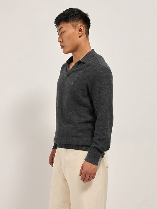 Grey Textured Knit Regular Fit Polo with V-Neck Opening