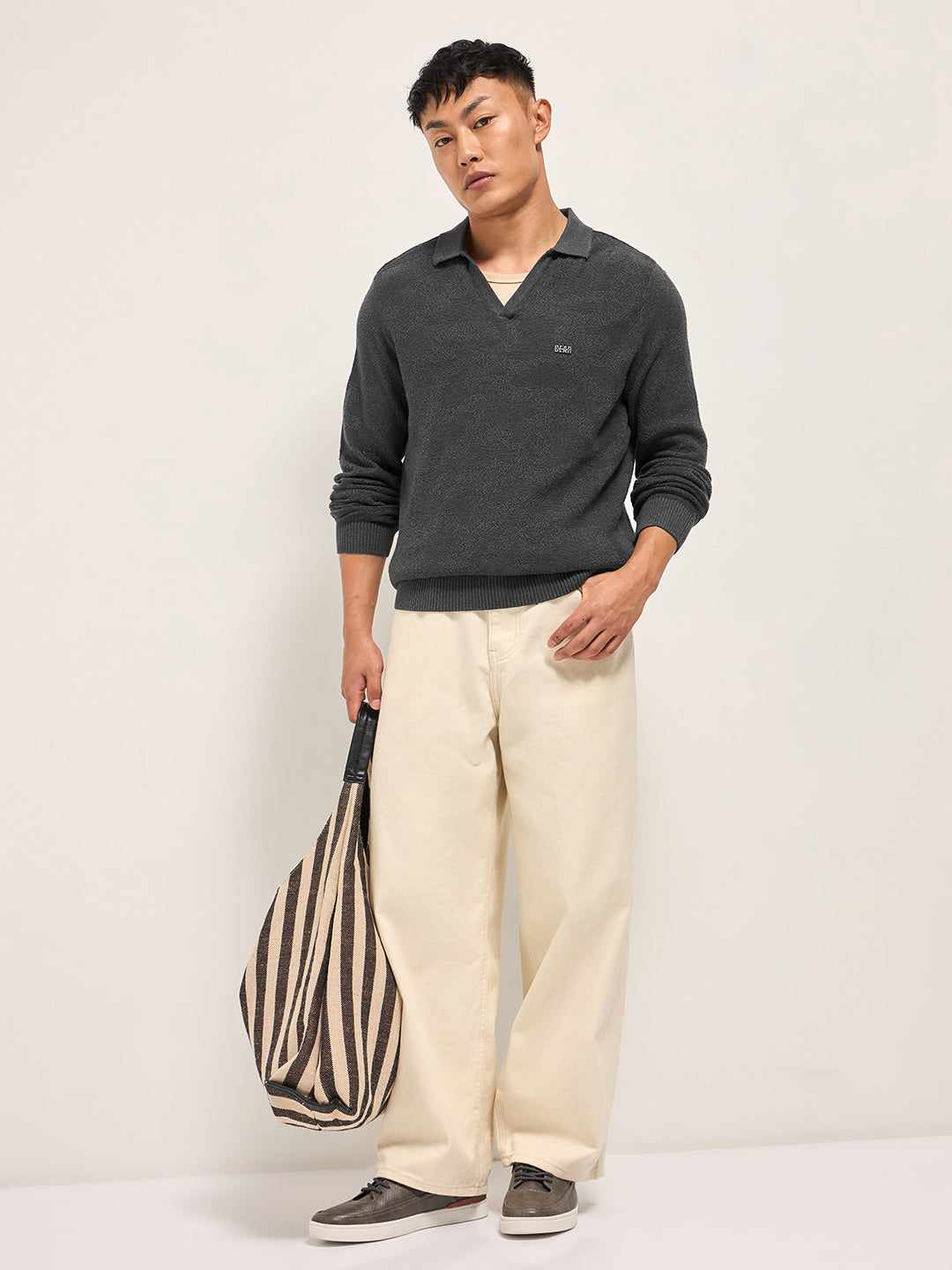 Grey Textured Knit Regular Fit Polo with V-Neck Opening