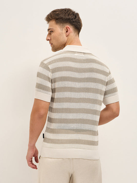 Beige with Cream Horizontal Textured stripes Regular Fit Polo