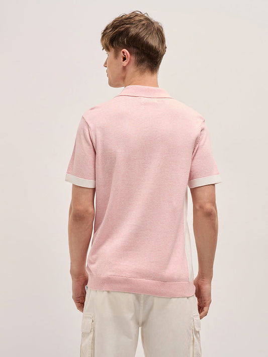 Pink & White Color Block Knit Design Regular Fit Polo