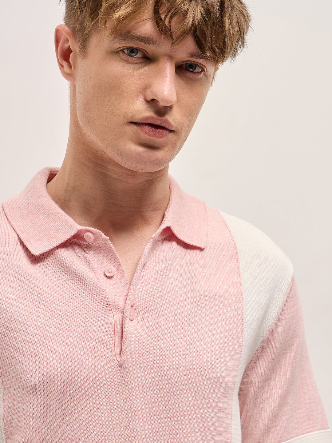 Pink & White Color Block Knit Design Regular Fit Polo