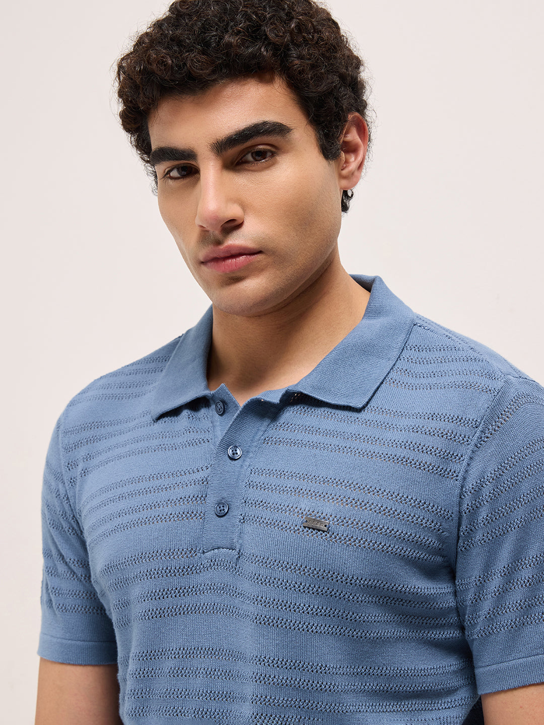Blue Regular Fit Horizontal Textured Knit Polo with Transparent Effect