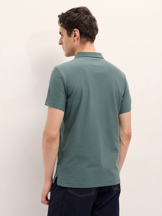 Green with Dark Green Stripe Design Regular Fit Polo with Zipper Placket