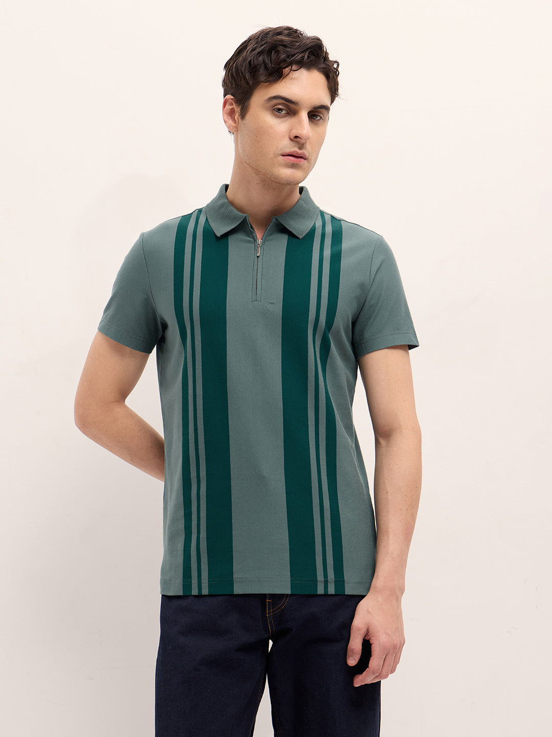 Green with Dark Green Stripe Design Regular Fit Polo with Zipper Placket