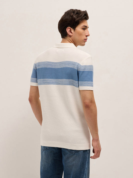 White Slim Fit Flat Knit Polo with Ribbed Horizontal Stripe Across Chest