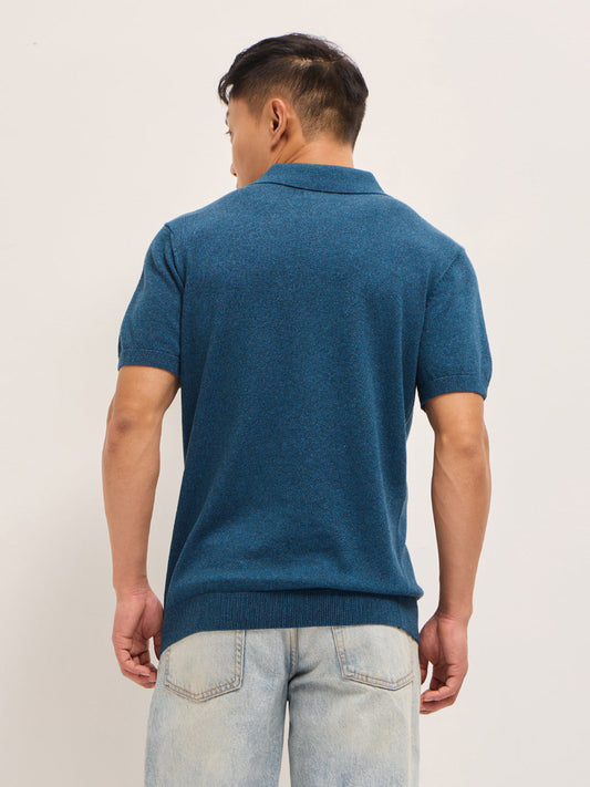 Teal Blue Textured Knit Solid Regular Fit Polo