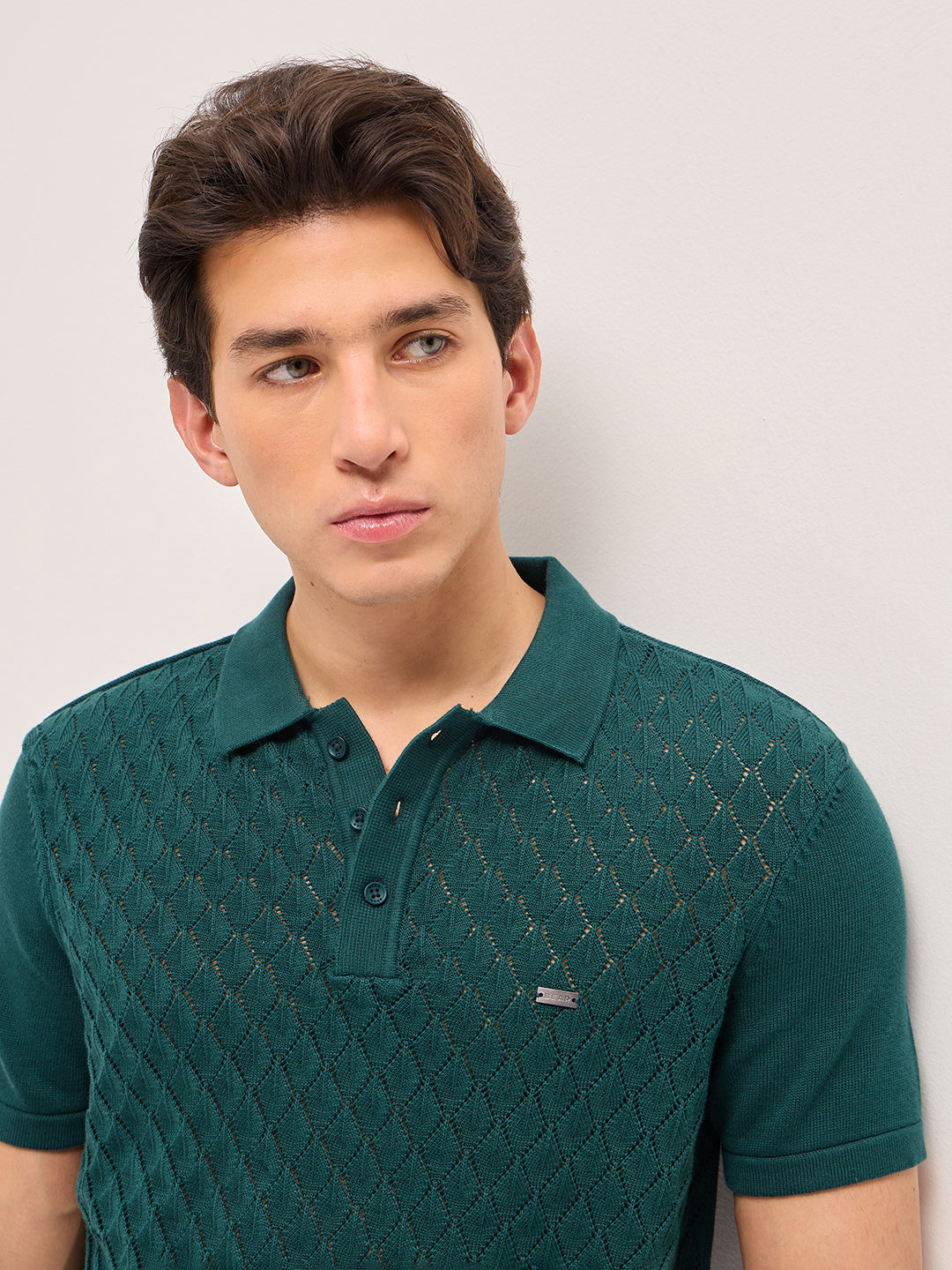Green Slim Fit Diamond Textured Flat Knit Polo with Transparent Effect
