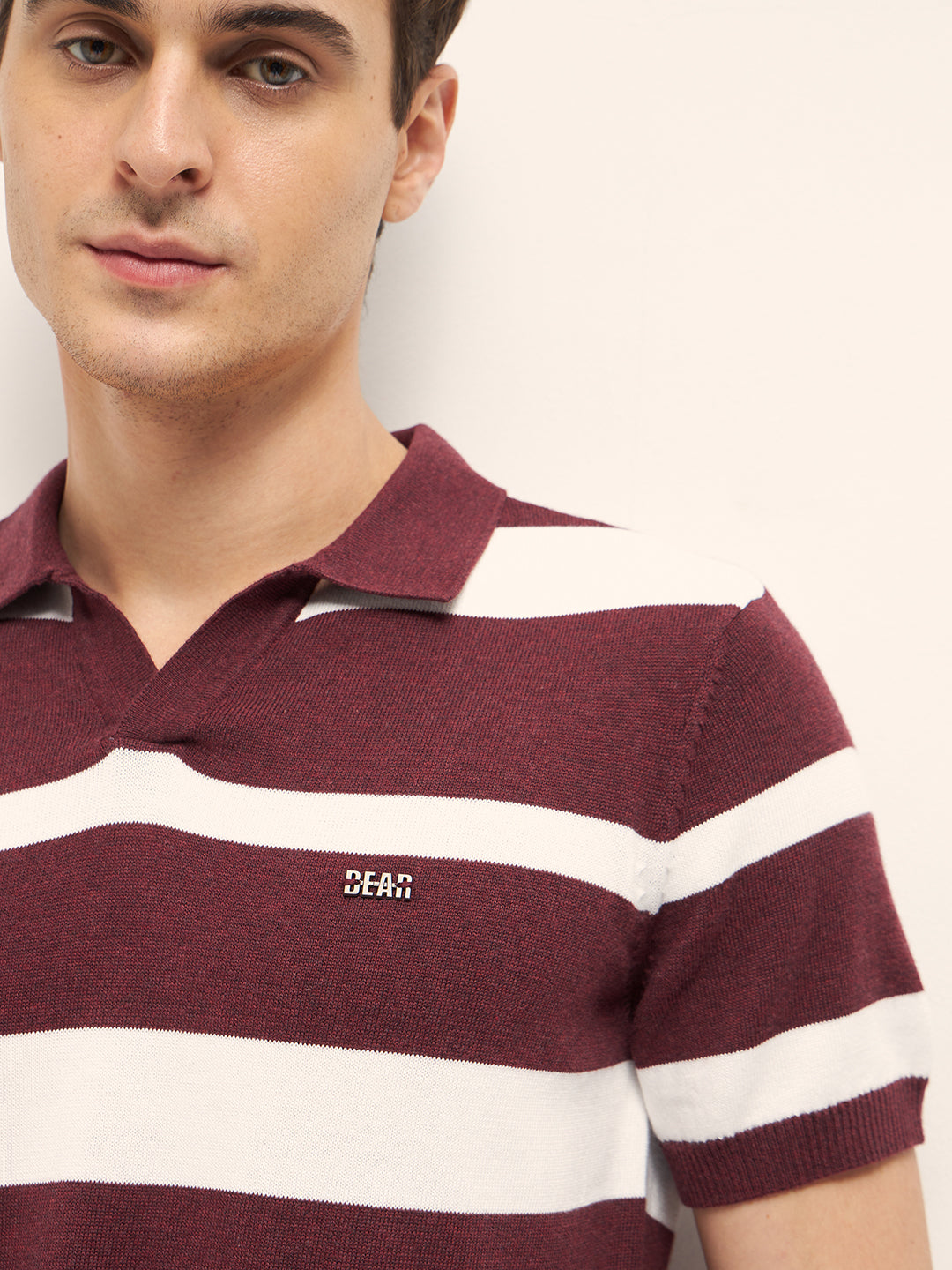 Maroon and White Horizontal Stripes Slim Fit Polo