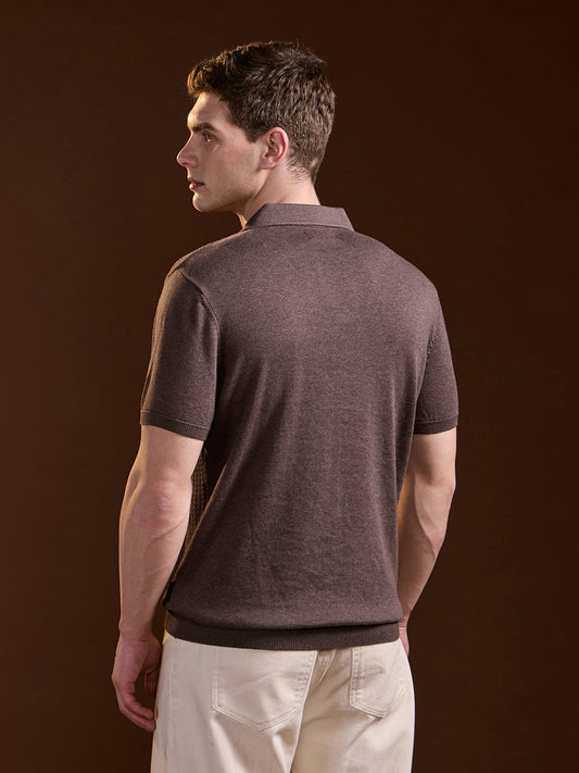 Brown Ribbed Texture Design Slim Fit Polo