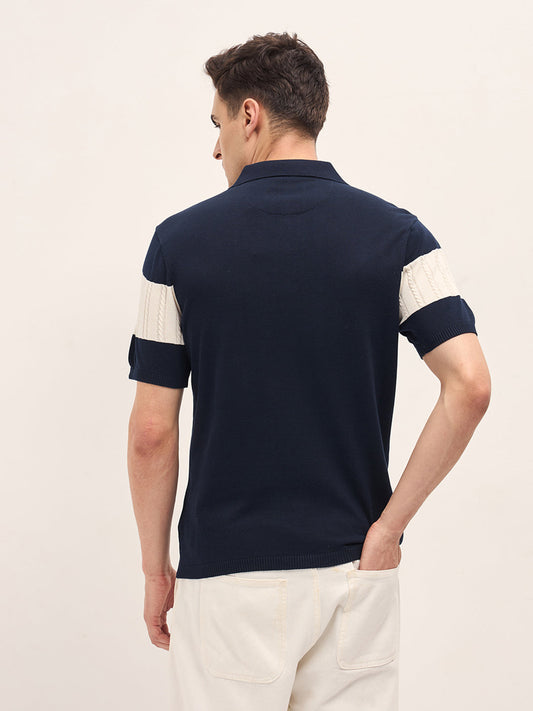 Blue Cable-Knit Textured Stripe Slim Fit Polo
