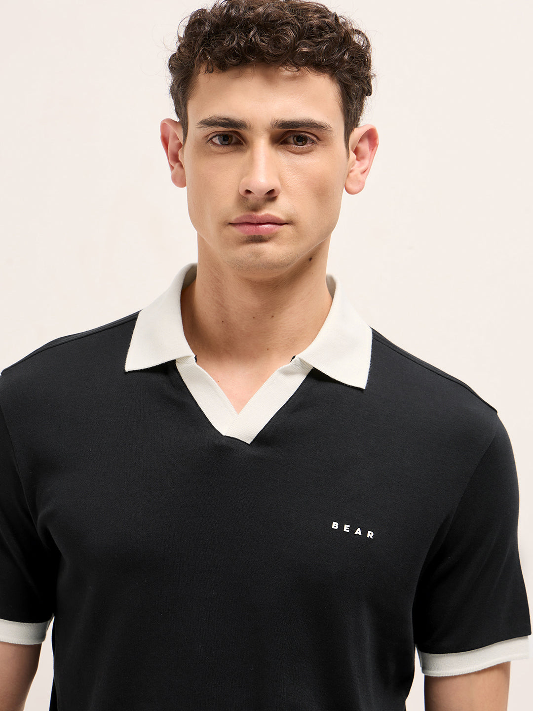 Black Solid Regular Fit Polo with Contrast Collar