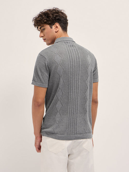 Grey Regular Fit Geometric Textured Flat Knit Polo with Zip Placket