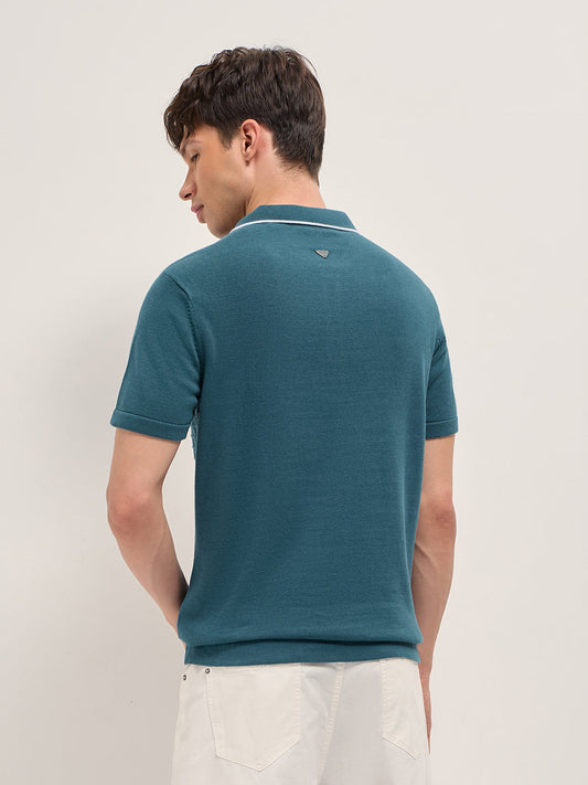 Teal Regular Fit Geometric Textured Knit Polo Shirt