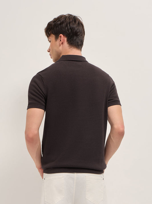 Brown Slim Fit Diamond Textured Flat Knit Polo with Transparent Effect