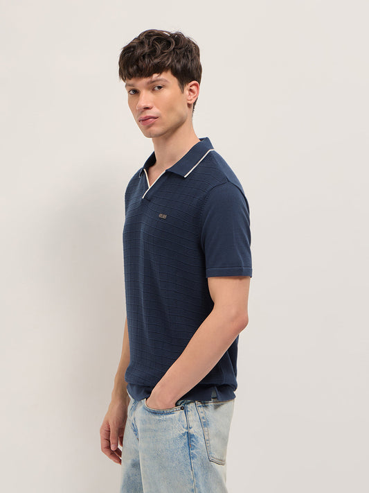 Navy Regular Fit Check Textured Flat Knit Polo with Contrast Collar Trim
