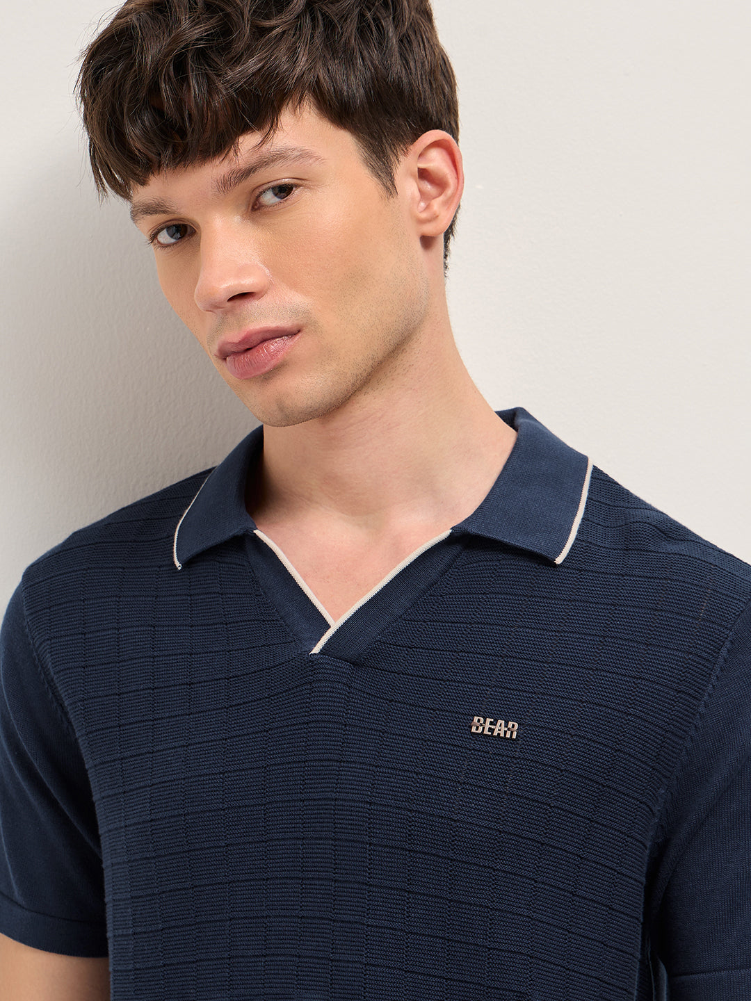 Navy Regular Fit Check Textured Flat Knit Polo with Contrast Collar Trim