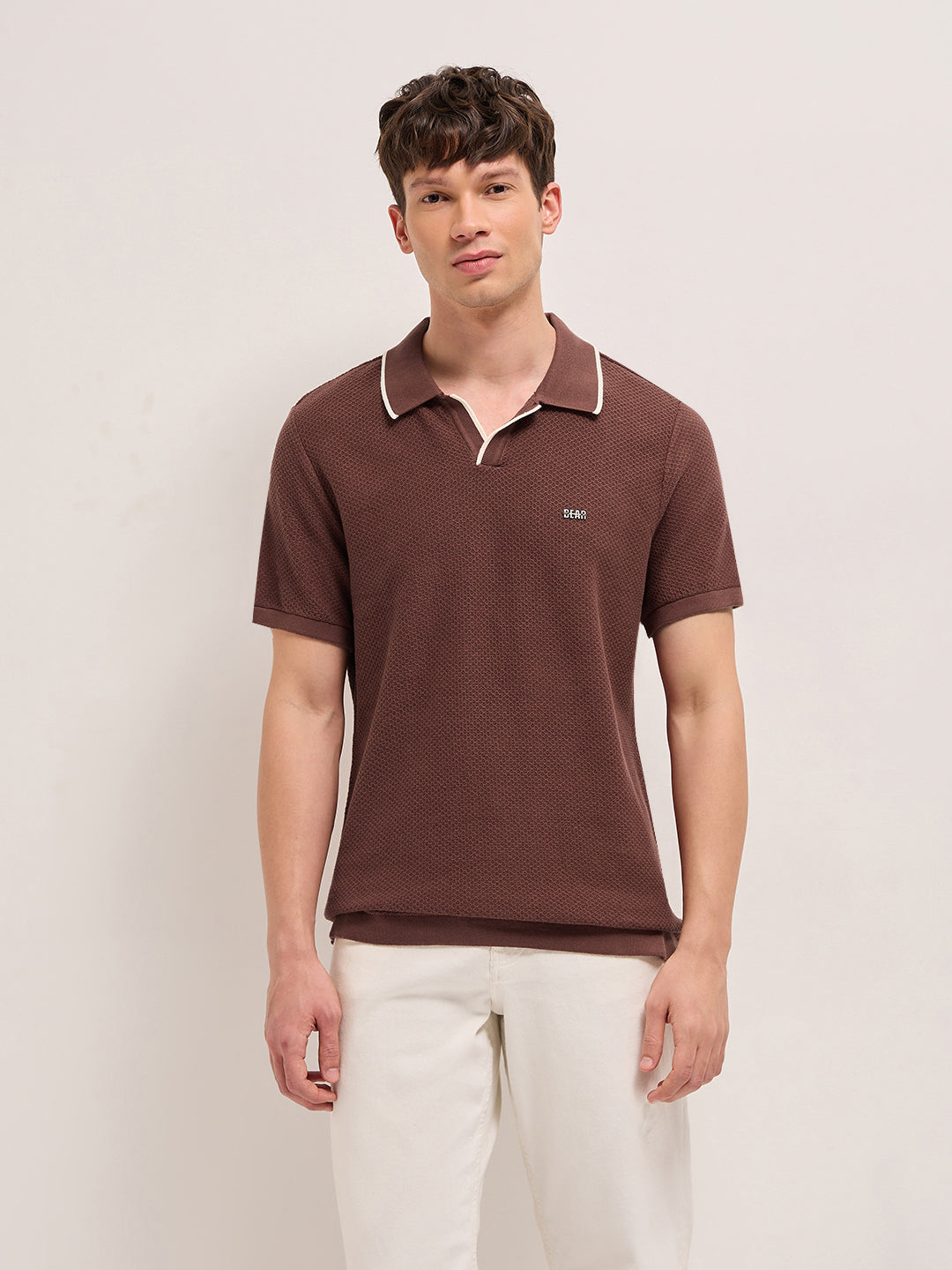 Brown Textured Knit Regular Fit Polo with Open V-Notch Placket