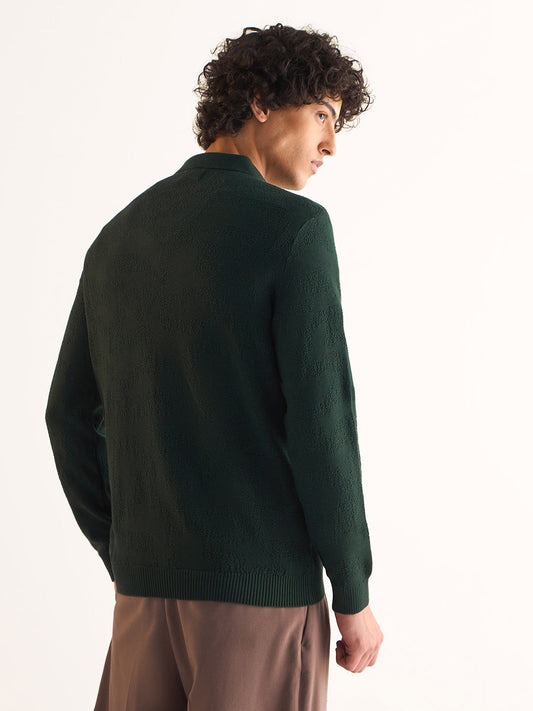 Green Textured Knit Slim Fit Polo with V-Neck Opening