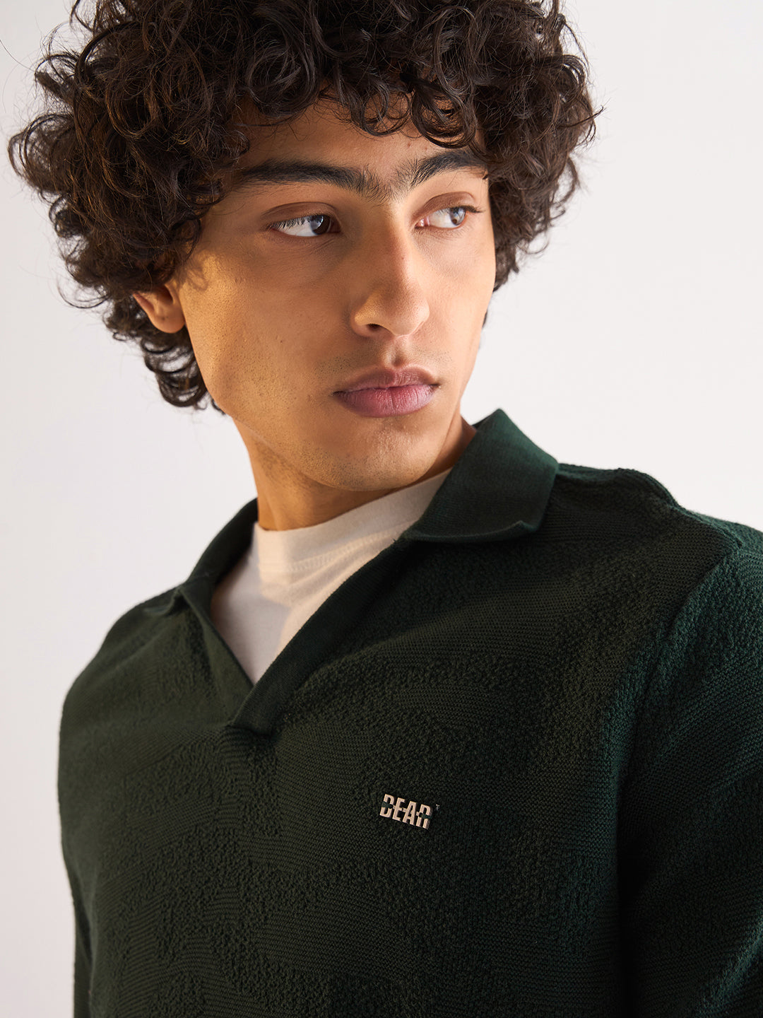 Green Textured Knit Slim Fit Polo with V-Neck Opening