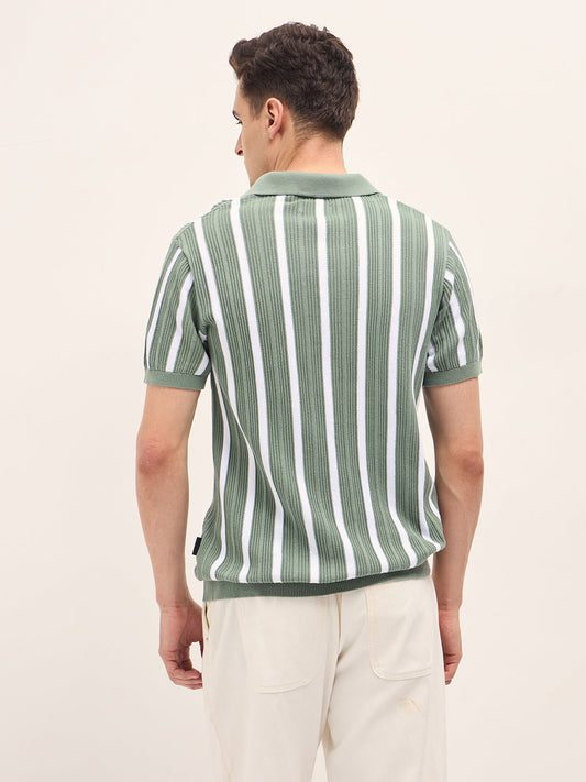 Green Textured Vertical Stripes Regular Fit Polo