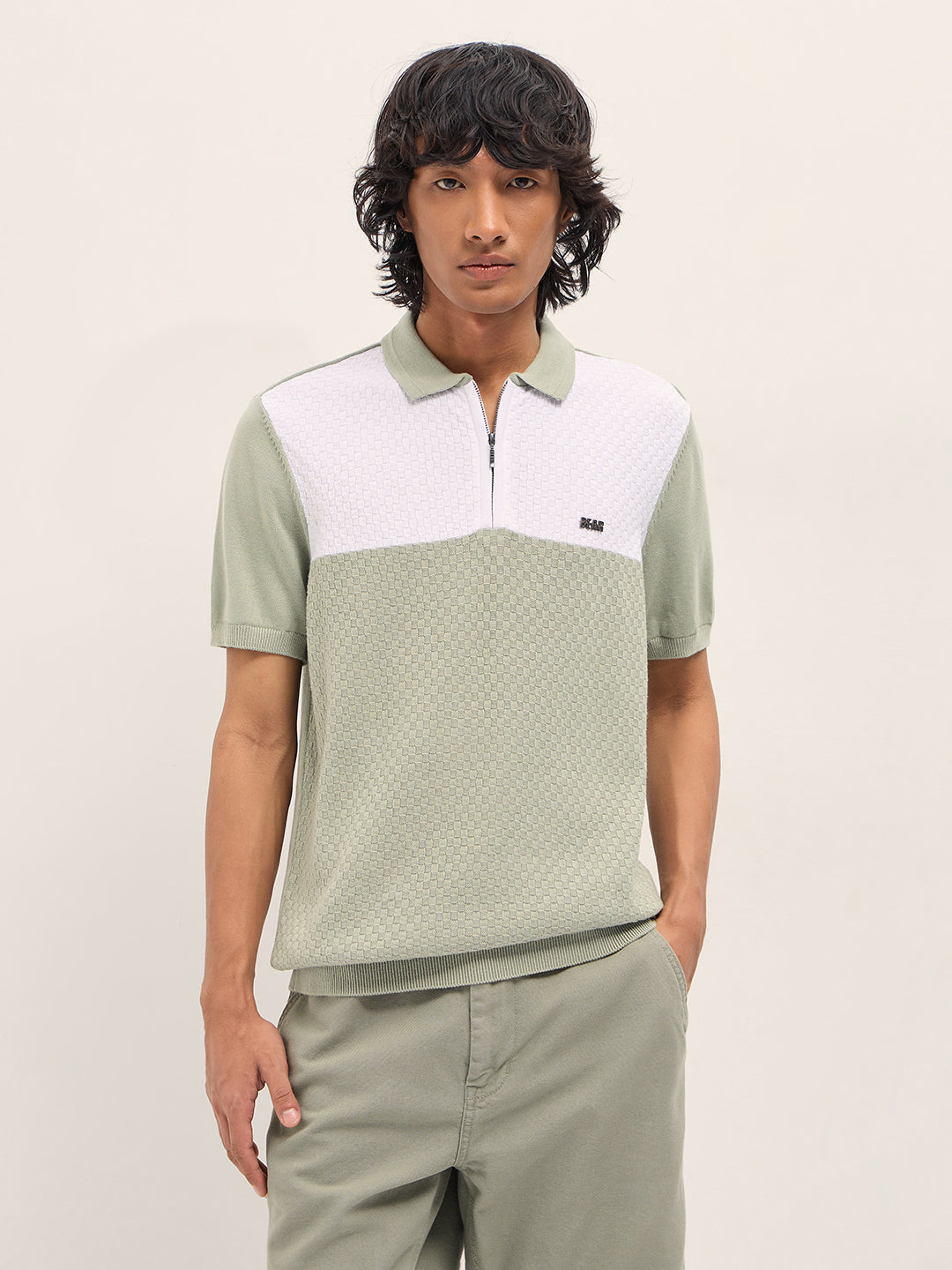 Light Green and White Geometric Textured Knit Regular Fit Polo Shirt