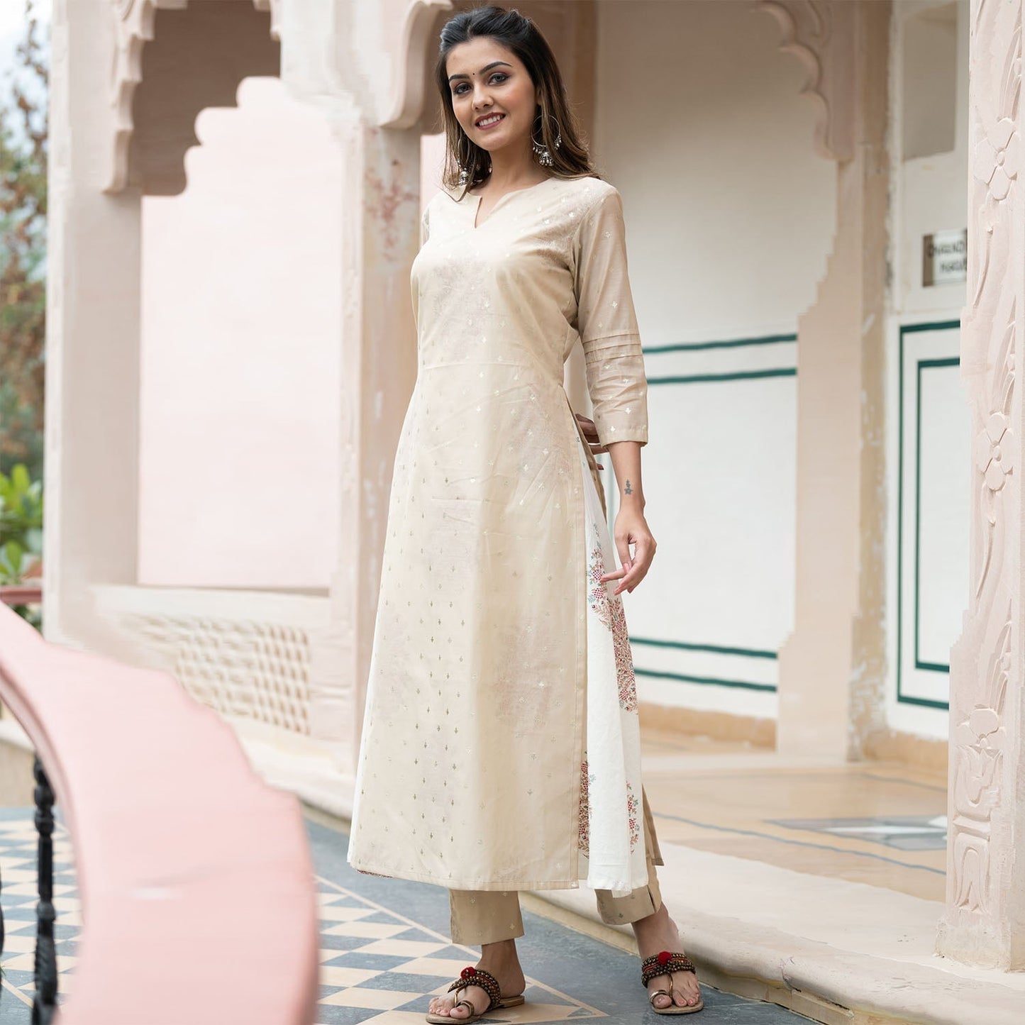 Light Beige Silver Print Kurta Set