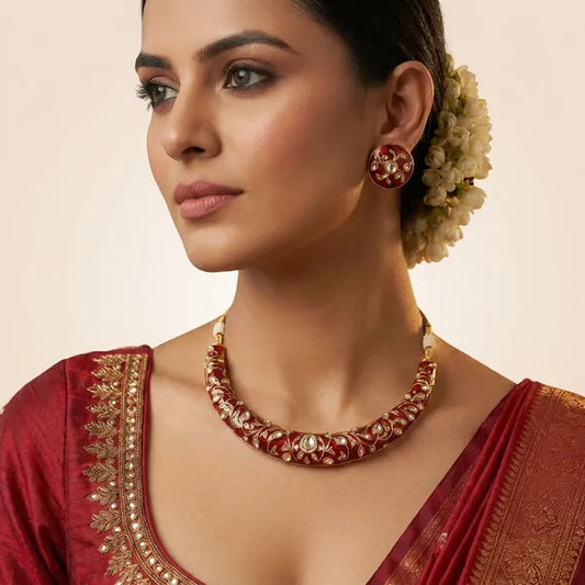 Maroon And Gold Kundan Stone Choker Necklace Set For Women