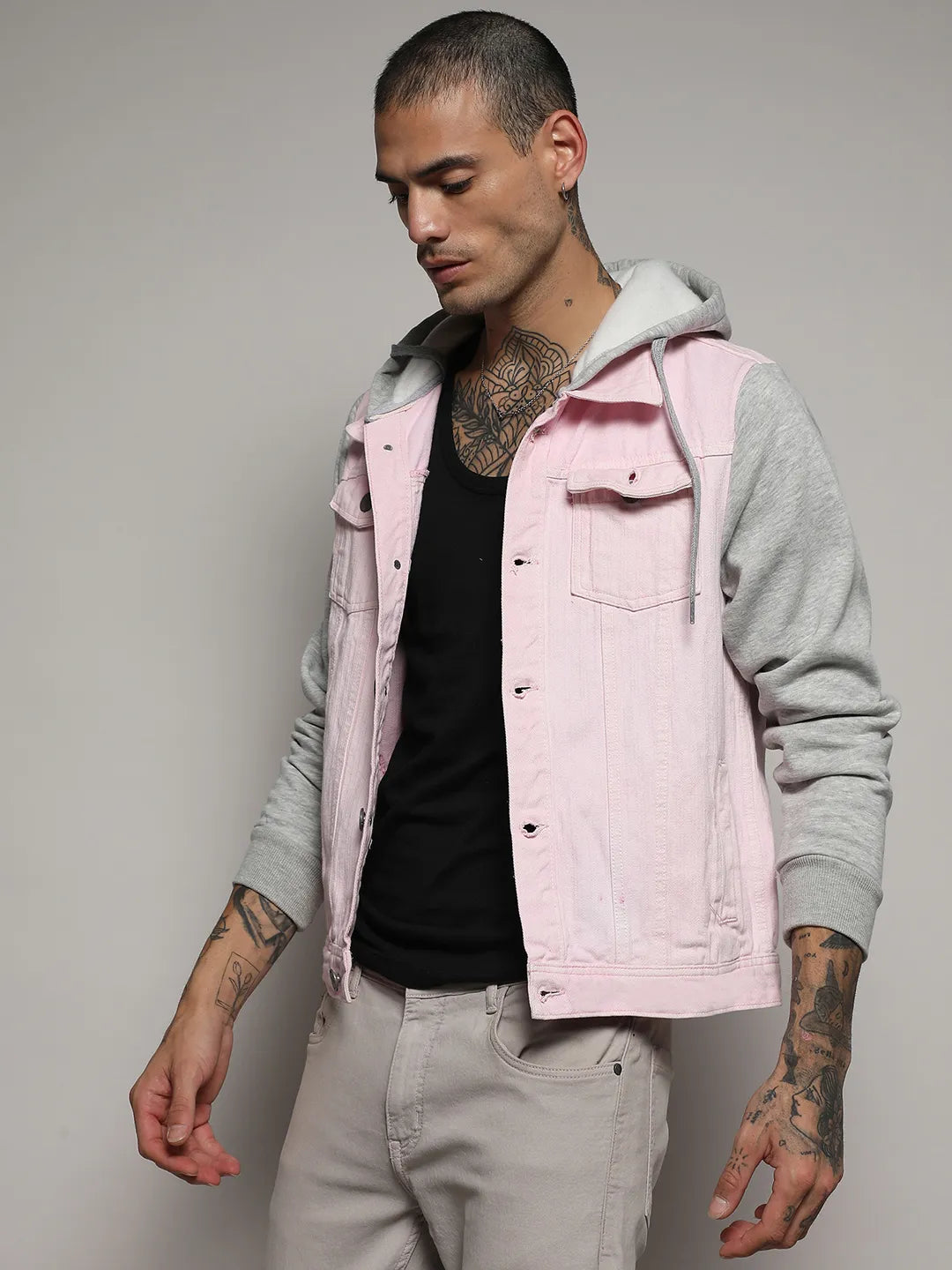 Medium-Wash Denim Jacket With Sweatshirt Sleeve