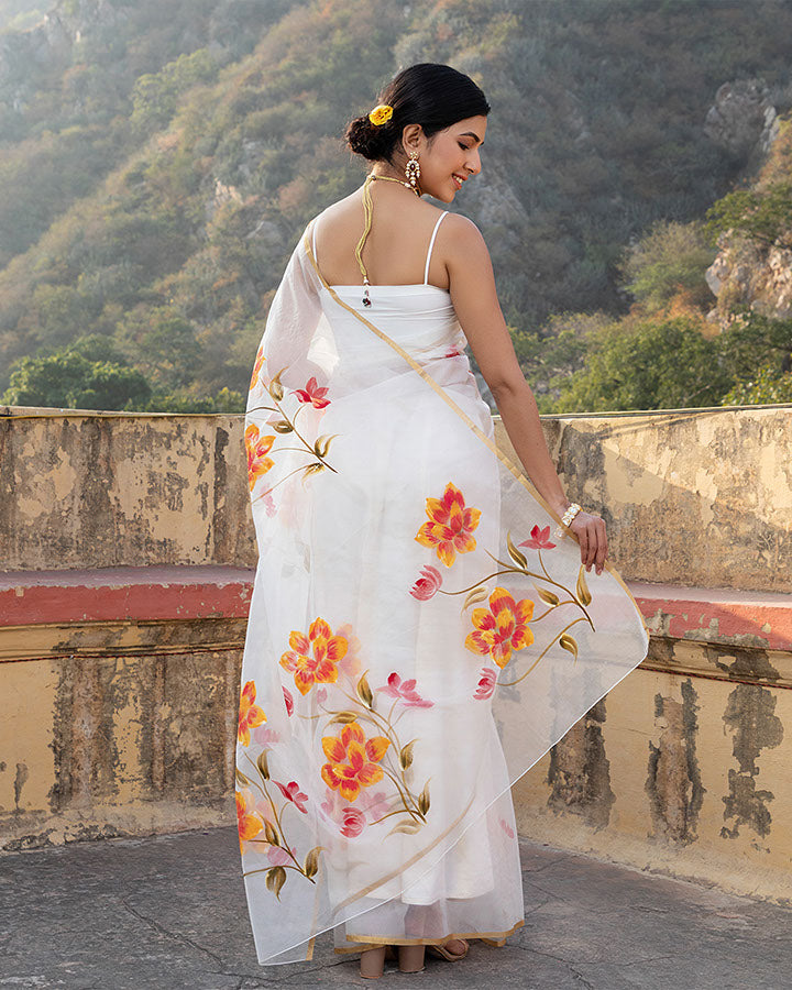 White Organza Handpainted Saree