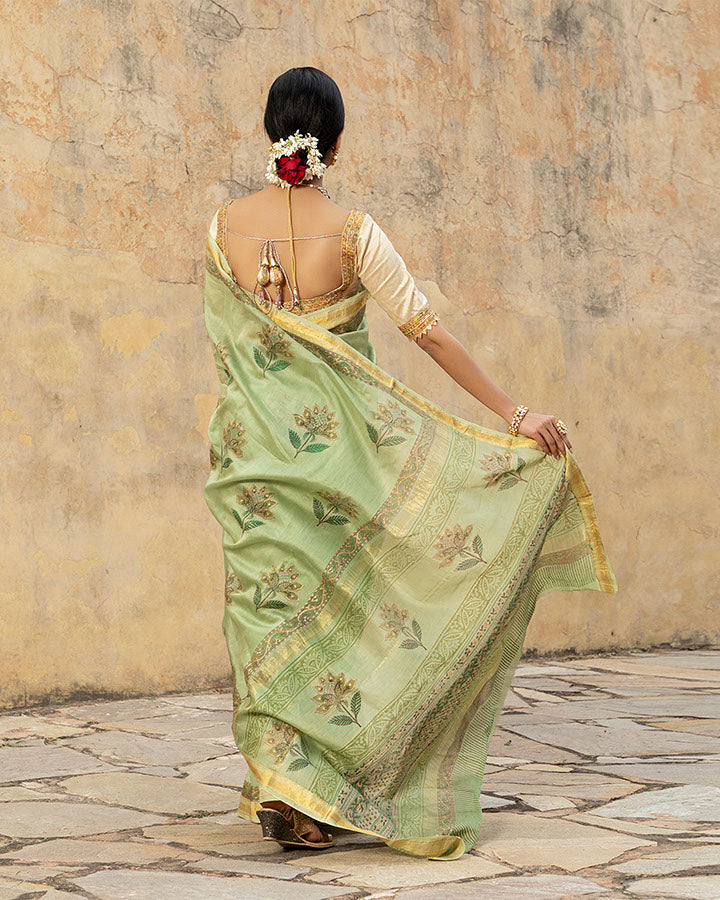 Green Gold Foil Chanderi Saree