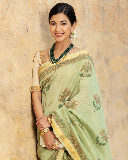 Green Gold Foil Chanderi Saree