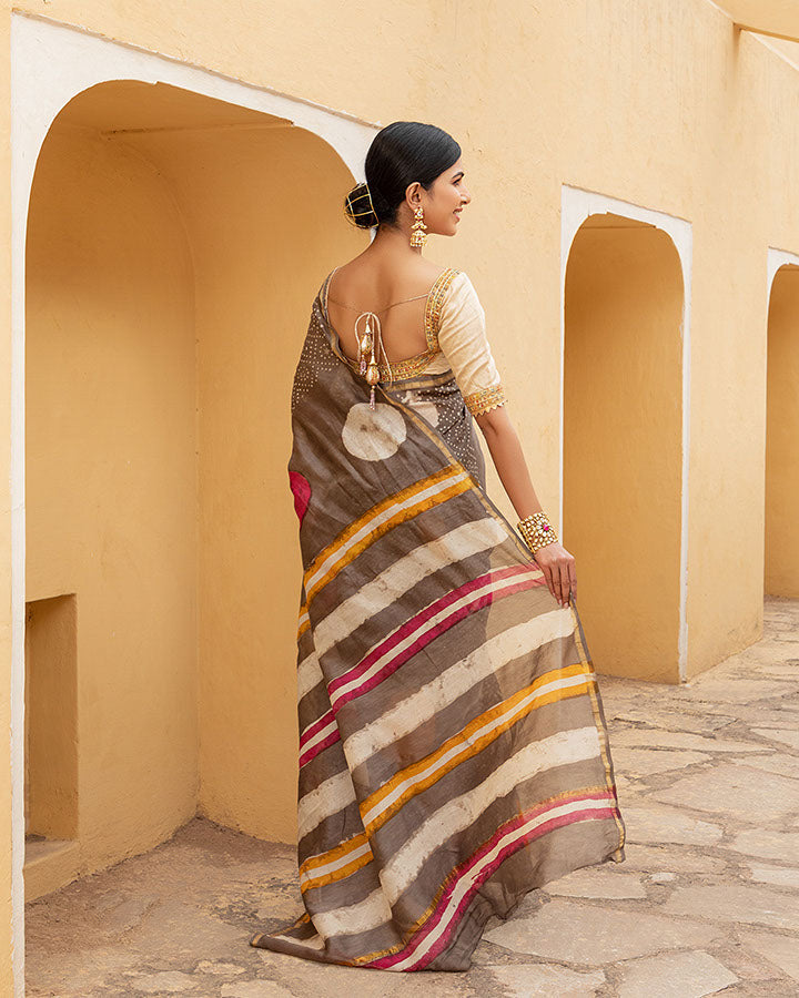 Brown Dotted Chanderi Saree