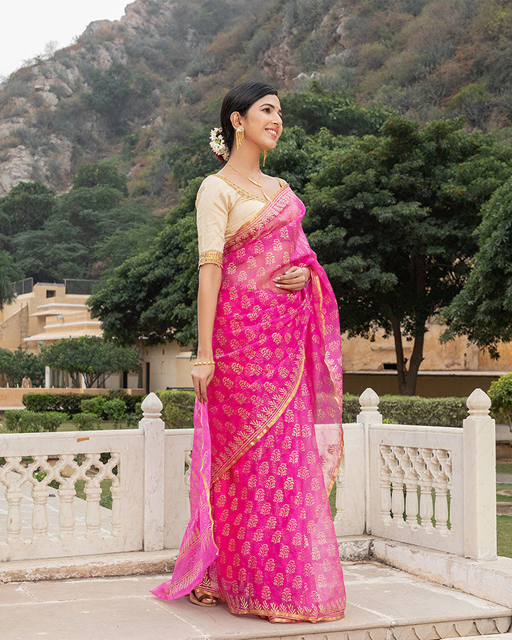 Pink Gold Foil Organza Saree