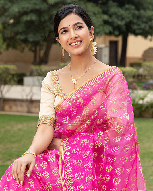 Pink Gold Foil Organza Saree