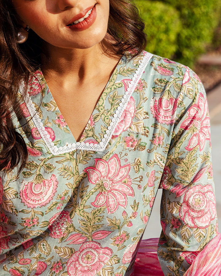 Pink Anaar Floral Block Suit Set