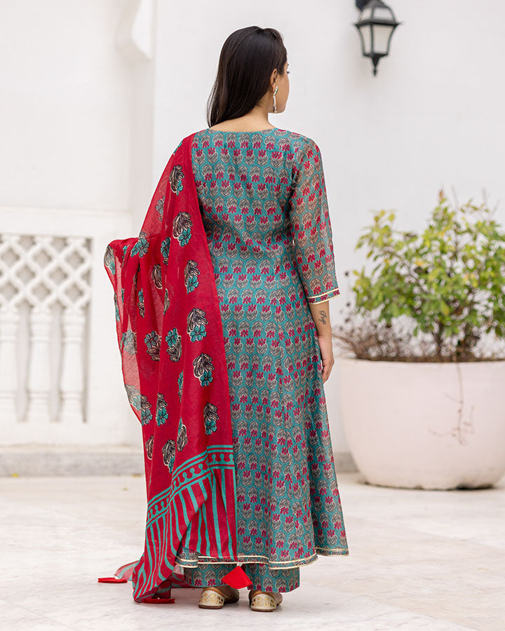 Green Floral Chanderi Suit Set