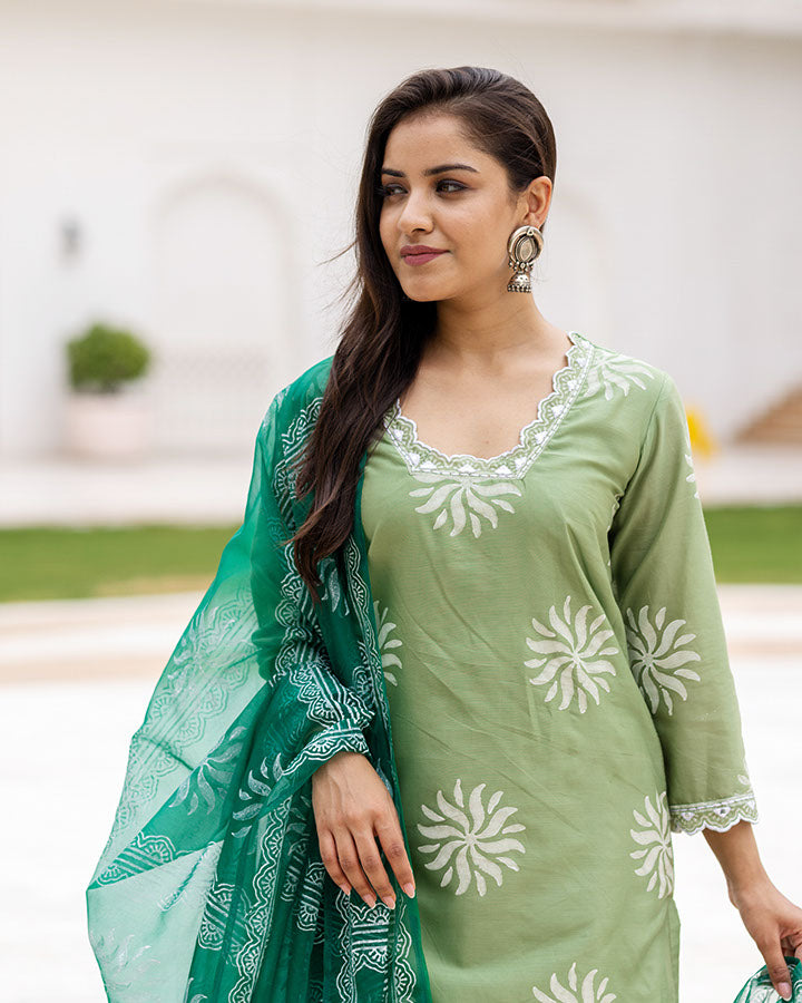 Green Chanderi Block Suit Set