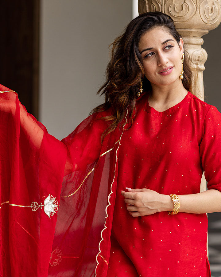 Red Mukaish Chanderi Suit Set