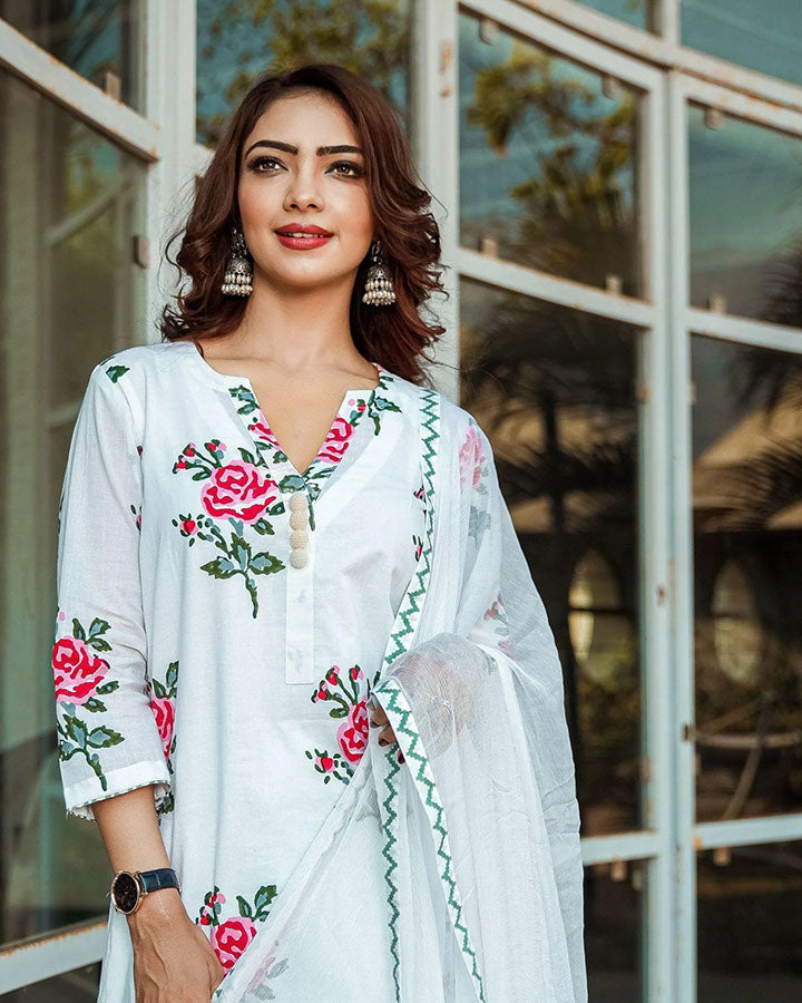 Red Rose Block Print Suit Set