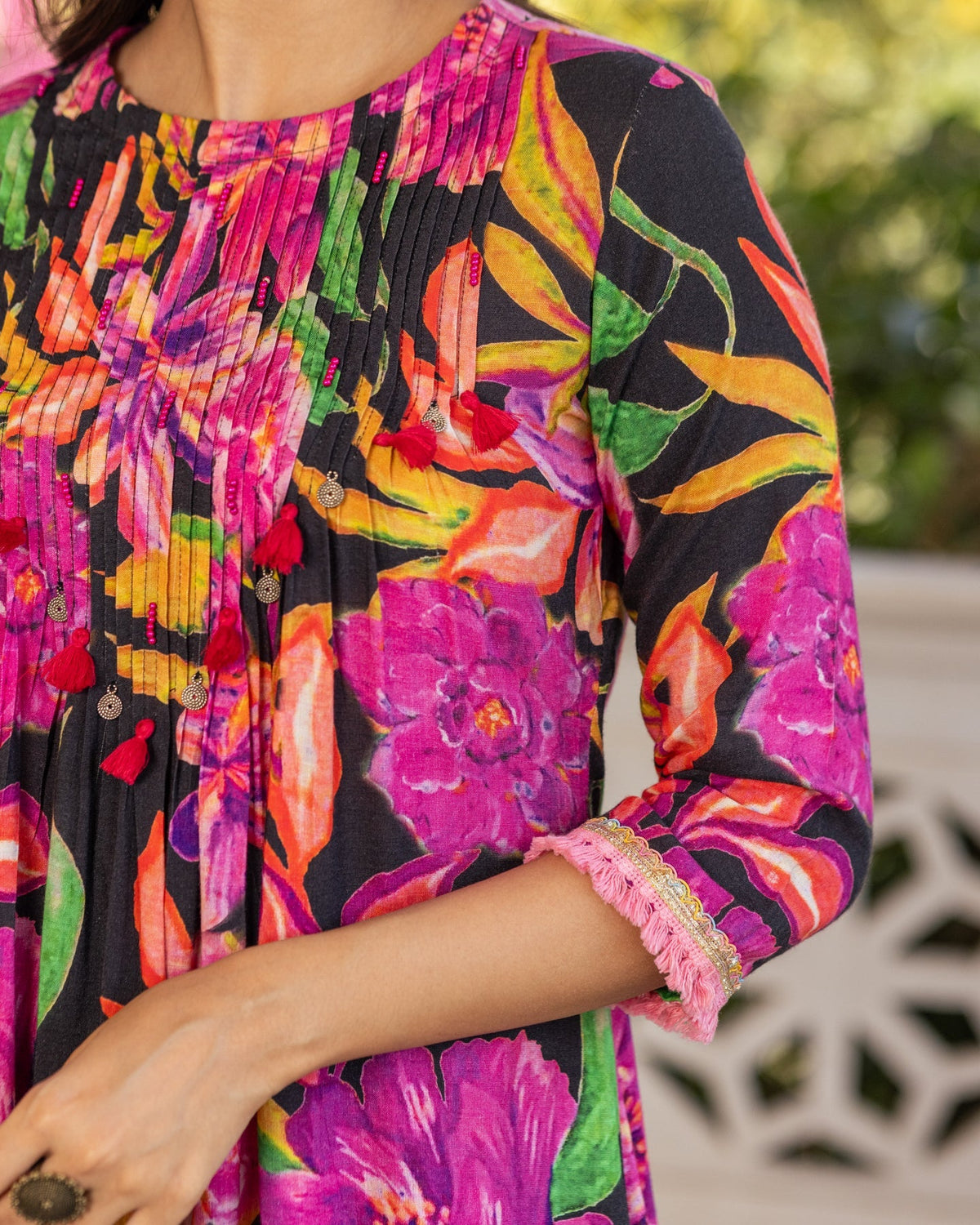 Black Aquarelle Floral Kurta Set