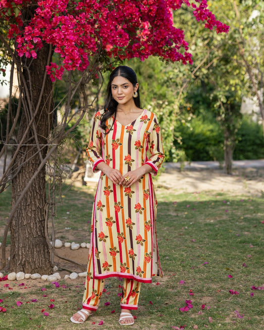 Yellow Stripes & Floral Kurta Set