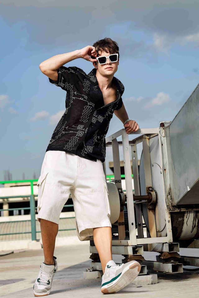 Linen Blend Black Korean Notched Lapel Collar Resort Shirt