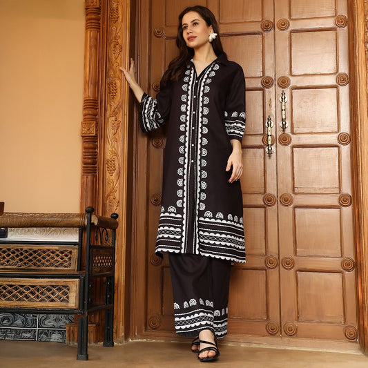 Indie Flora Lined-Imprint Kurta Set