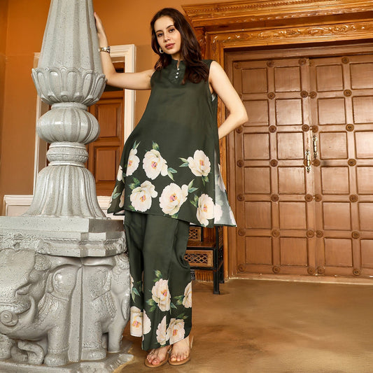 Flared Roses-Imprint Kurta Set