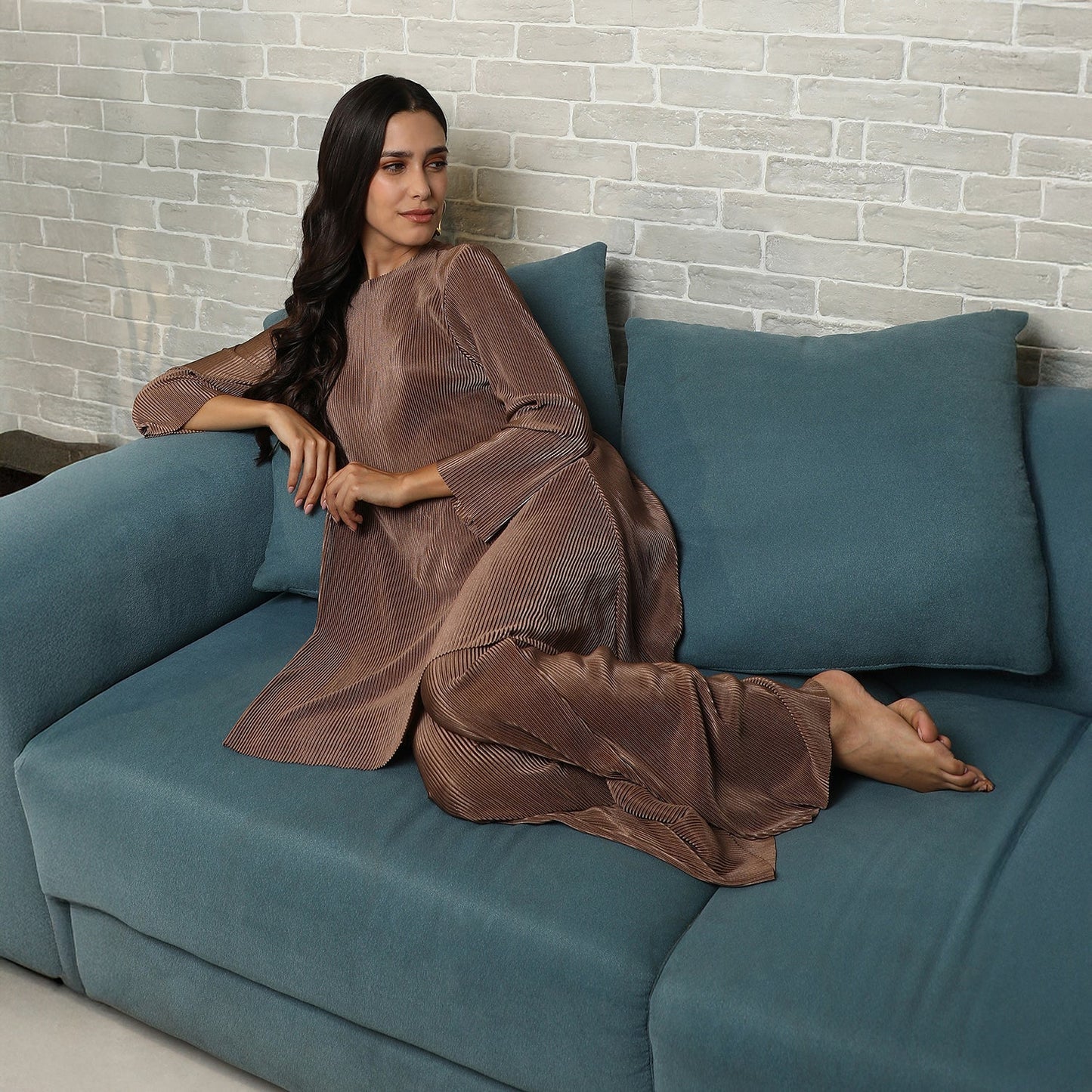 Solid Pleated Kurta Set
