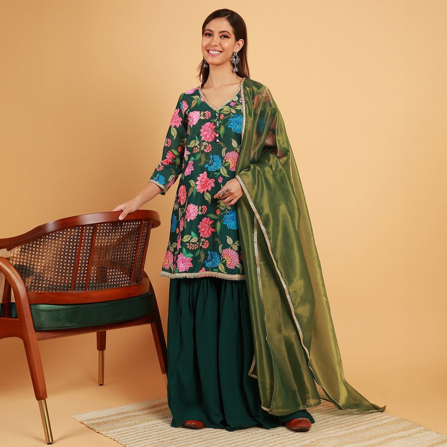 Botanical Cluster Kurti With Sharara & Dupatta